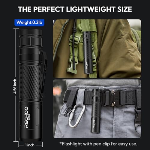 RECHOO Flashlight Rechargeable 2 Pack, 500 Lumens, 3 Lighting Modes & Zoomable, Small Tactical Torch Light for EDC and Emergency, Water Resistant, Duable, Included Pocket Clip & Lanyard