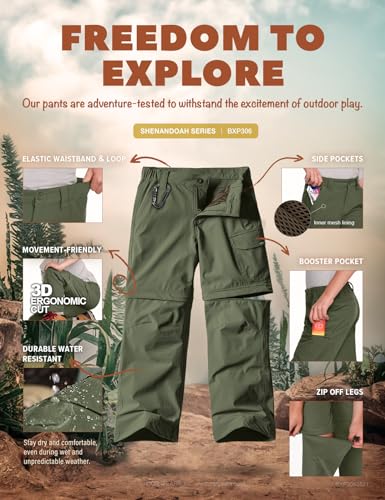 Kids Youth Hiking Cargo Pants Large Trek Army Green UPF 50+ Quick Dry Convertible