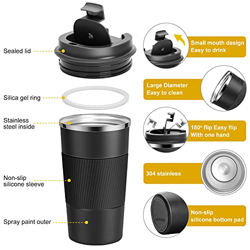 YINJAM Reusable Insulated Travel Mug 510ml Stainless Steel Hot Cold Coffee Cup - Black