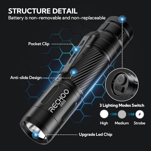 RECHOO Flashlight Rechargeable 2 Pack, 500 Lumens, 3 Lighting Modes & Zoomable, Small Tactical Torch Light for EDC and Emergency, Water Resistant, Duable, Included Pocket Clip & Lanyard
