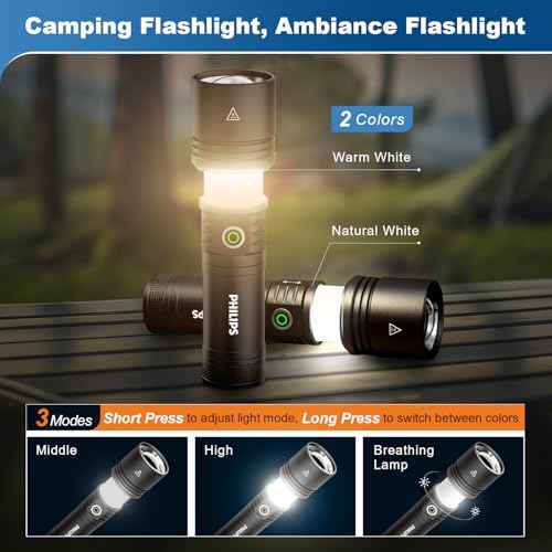 PHILIPS Flashlights High Lumens Rechargeable with Ignition Lens,2000lm Tactical Flashlights with Camping Lamp,2 Colors Zoomable 5Modes Reverse Charging LED Bright Flashlight for Home Outdoor Gift
