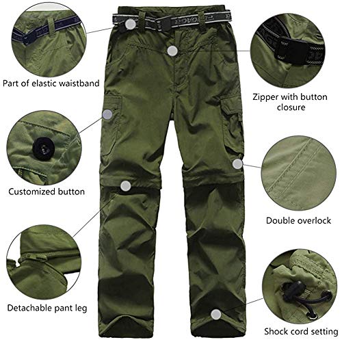 Boy's Convertible Hiking Pants - Lightweight Quick Dry Cargo Trousers, 12-14 Years, Army Green