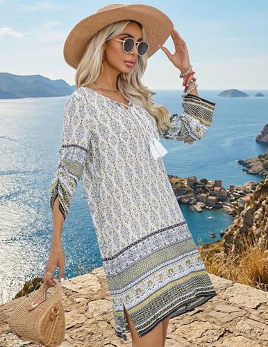 HOTOUCH Boho Dresses for Women Large White Floral Summer Beach Cover Up