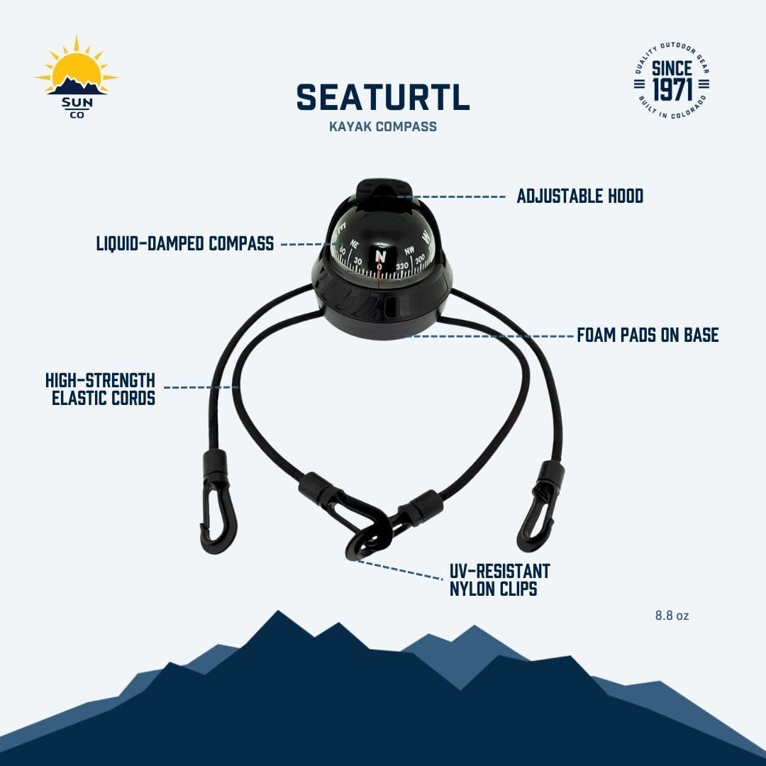Sun Company SeaTurtl Kayak Compass - Full-Size Mountable Marine Compass with Adjustable Hood