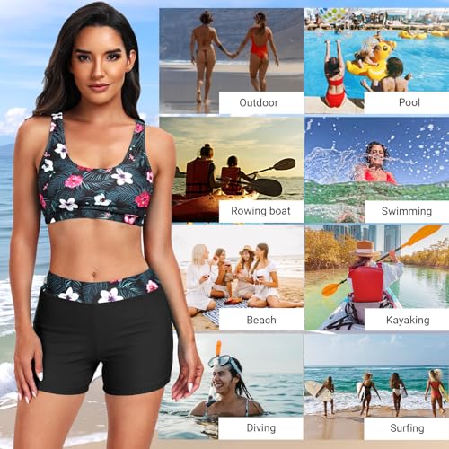 Women's 3 Piece Rash Guard Set Large Black Floral Swimwear