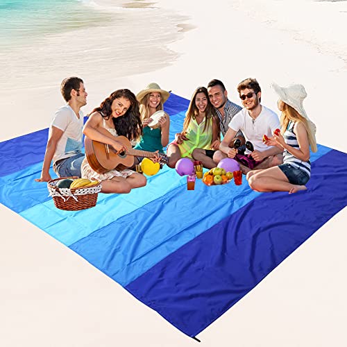 Blue Beach Blanket 120x108 Inches Sandproof Waterproof Quick Dry Outdoor Picnic Mat for 2-8 Adults