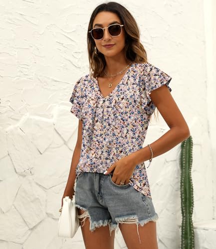 Women's Summer Ruffle Sleeve V-Neck Tunic Blouse - Multicolor Medium