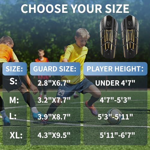 Kids Youth Adults Soccer Shin Guards with Sock Sleeves Black Golden M Size 4'7"-5'3"