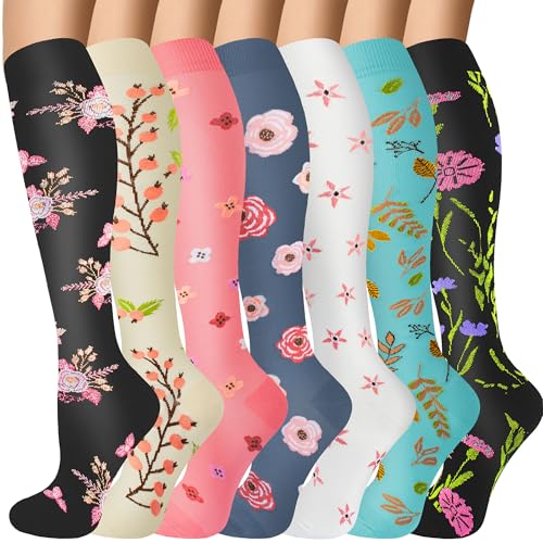 Compression Socks for Women & Men 20-30mmHg Knee High Support Socks Large-X-Large Pink Flower