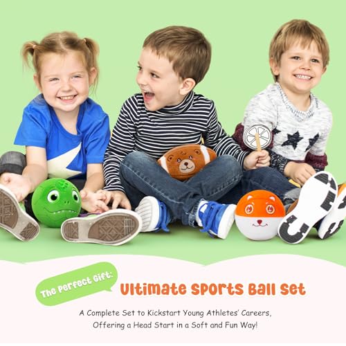 VangeBow 3 Pack Soft Plush Sports Balls for Toddlers – Bear, Dinosaur & Fox Design, Indoor Baby Toy Set