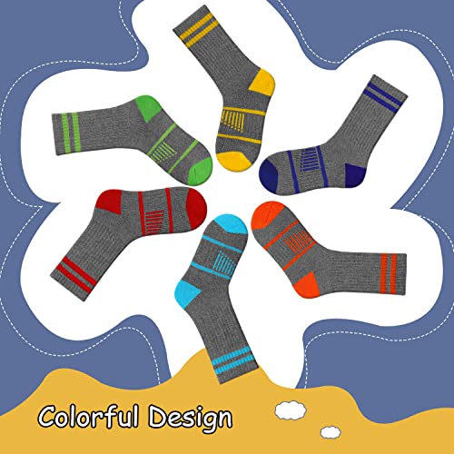 Comfoex Boys Crew Socks - Athletic Half Cushioned Calf Socks for 7-10 Years, Black - 6 Pairs