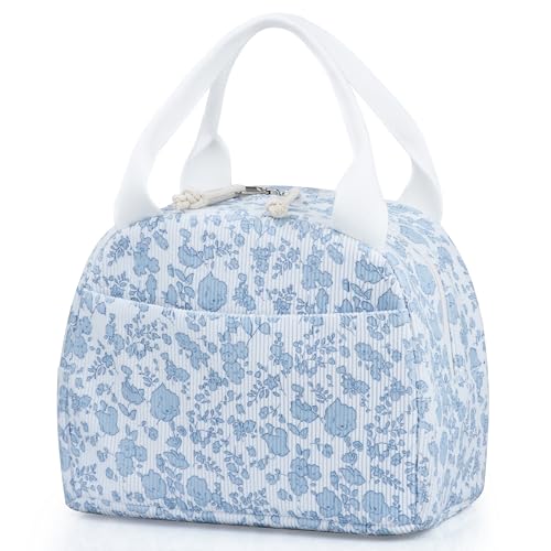 Insulated Corduroy Lunch Bag with Floral Pattern - Reusable Large Capacity Cooler Tote for Women