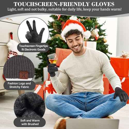 FZ FANTASTIC ZONE Mens Winter Knit Hat Beanie Long Neck Scarf Touchscreen Gloves Set Fleece Skull Caps Gifts for Men Women