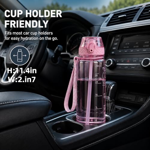 Cherry Blossom Pink 32oz Water Bottle with Straw & Time Marker - Leakproof BPA-Free Sports Bottle