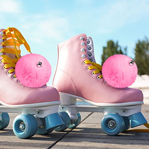 Pink 8 cm Roller Skate Pom Poms with Bells - Fuzzy Tie-On Skate Accessories for Women Girls