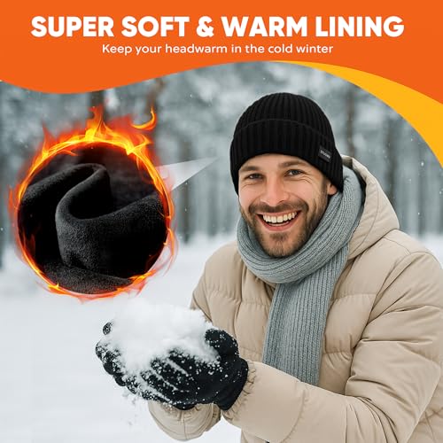 Winter Merino Wool Beanie Hat for Men Women Fleece Lined Knit Cap Black One Size