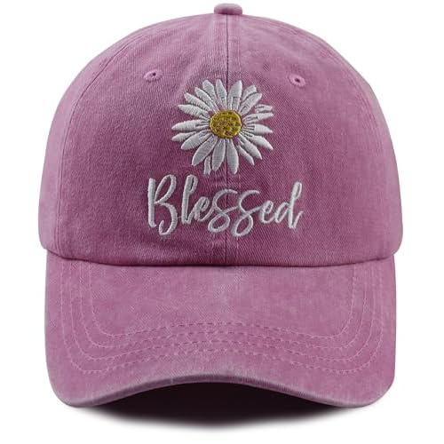 Embroidered Daisy Blessed Hat for Women Men, Adjustable Vintage Washed Cotton Christian Baseball Cap