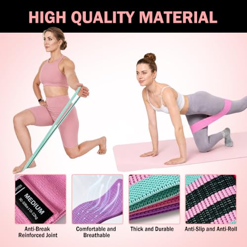 Fabric Resistance Bands for Workouts - 3 Levels, Portable Exercise Set with Pink, Green, Purple - 7 PCS