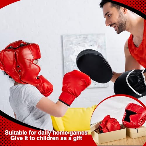 Kids Boxing Gear Set with Helmet Gloves Hand Wraps - Black & Red