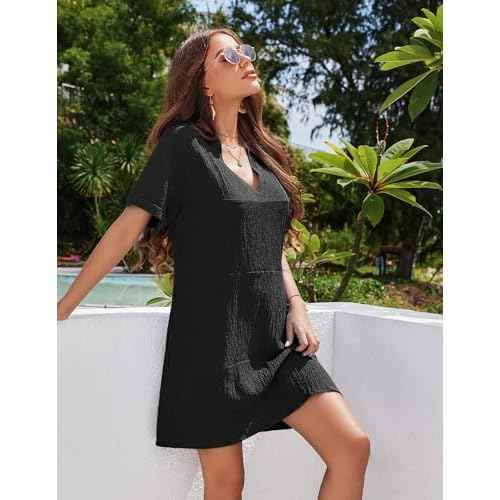 AI'MAGE Women's Cover Up Short Sleeve Bathing Suit Cover Ups V Neck Beach Coverup Dress with Pockets