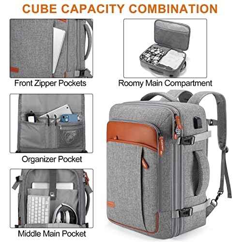 Lumesner Carry on Travel Backpacks, Extra Large 40L Flight Approved for Men & Women,Expandable Suitcase backpack (Grey (Backpack With 4 Packing Cubes))