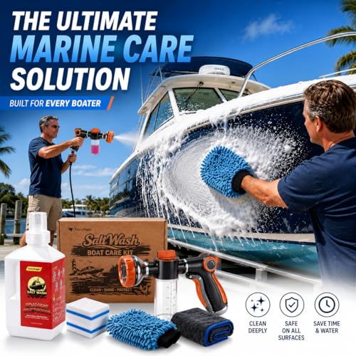 5-in-1 Salt Remover Wash Kit for Boats and Vehicles - pH Neutral Marine Cleaner with Foam Sprayer, Towel, Mitt & Erasers