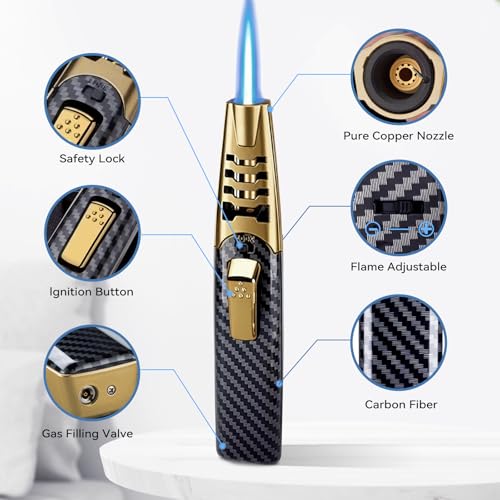 Torch Lighter, Windproof Adjustable Big Jet Flame Butane Torch, Refillable Gas Luxury Butane Lighter with Safety Lock for Candle Grill Camping Kitchen BBQ Cooking Soldering (Gas Not Included)