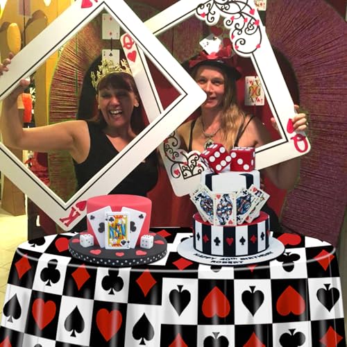 9Pcs Casino Tablecloths Set - 84 x 84 Inch Round Poker Party Cover, Casino Theme Decorations