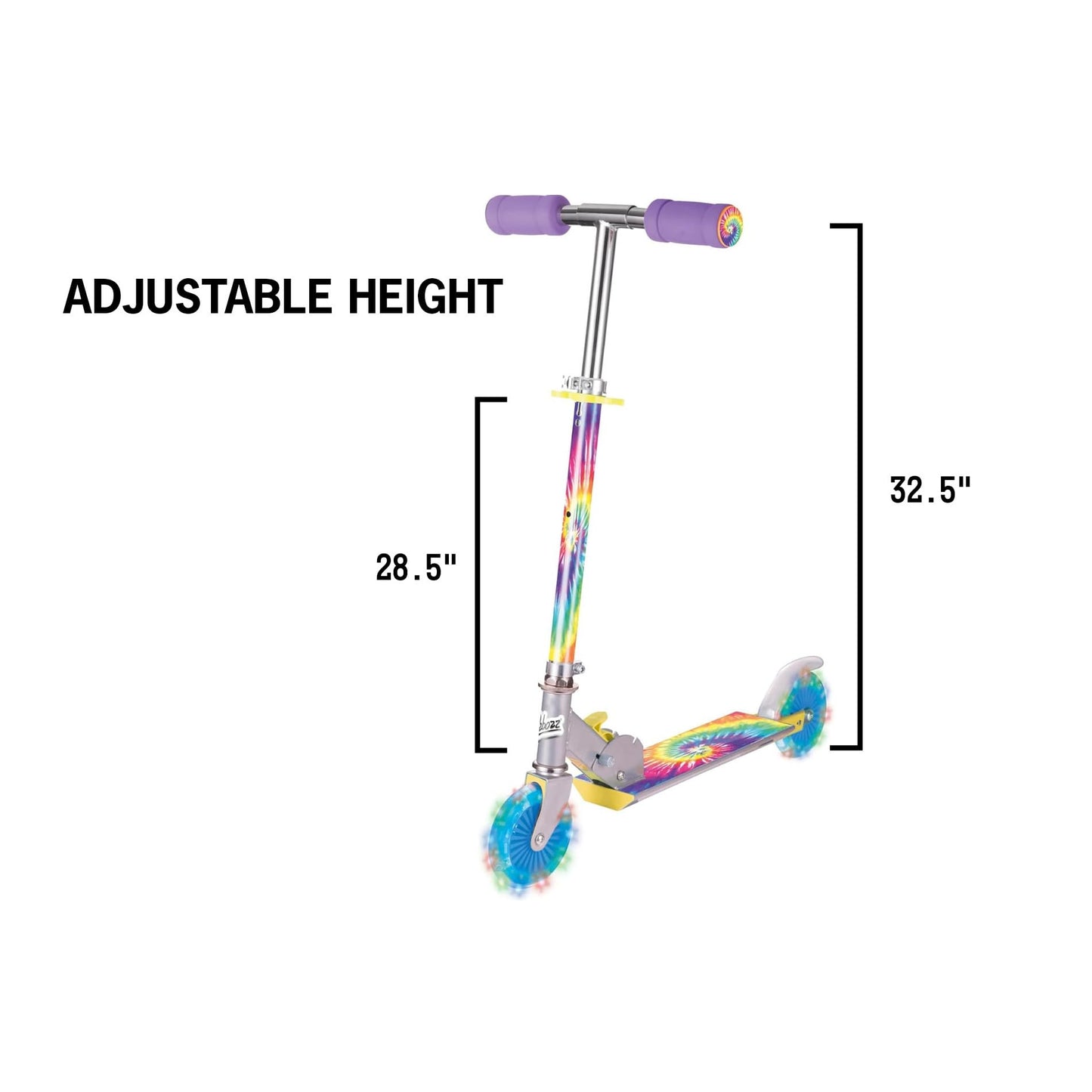 Ozbozz Tie Dye Foldable Scooter - Light UP Wheels - Ages 5 and up. Adjustable Handlebar Height 28.5" - 32.5"