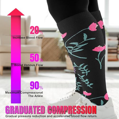 Plus Size Compression Socks for Women & Men - 20-30 mmHg Wide Calf Support - Grey Pink Flower 3X-Large 4 Pack
