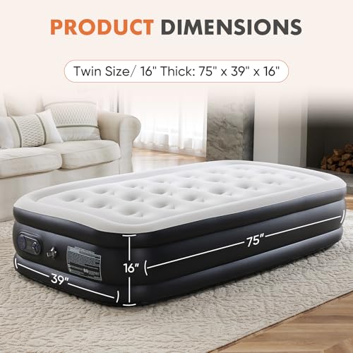 OLIXIS Twin Air Mattress - 16 Inch Double Height Inflatable Bed with Built-in Pump
