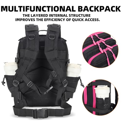 Tactical Military Backpack Small Travel Pack with Bottle Holder - Black Neon Pink