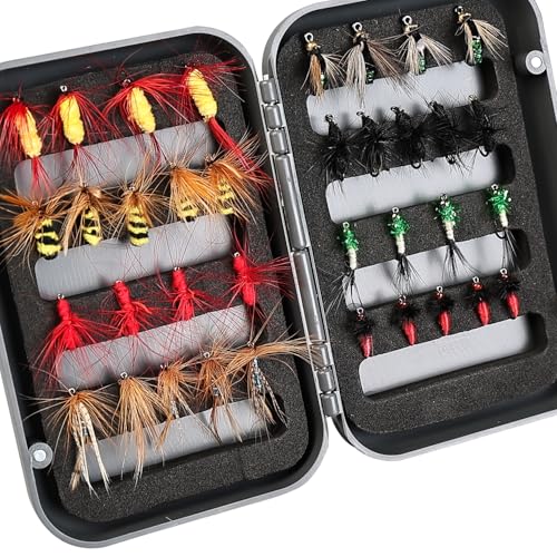 Fly Fishing Flies Assortment Kit with Magnetic Fly Box - 36 Hand-Tied Lures for Trout Bass Pike