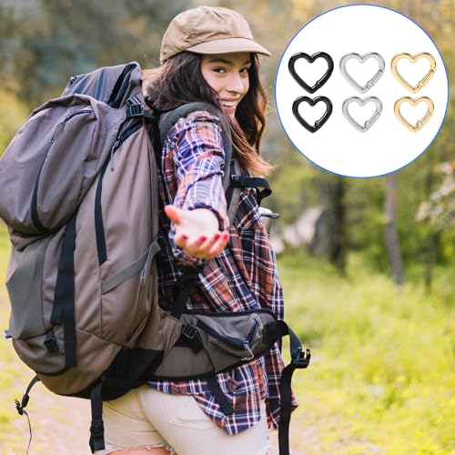 6 Pcs Heart Carabiner, Small Carabiner Keychain Clip, Cute Heart Shaped Carabiner, Key Ring for Camping Accessories, Backpack Water Bottle Zinc Alloy Accessory (Gold, Silver, Black)
