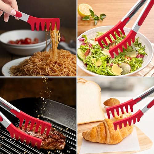 Heat-Resistant Pasta Tongs Set 9 & 12 Inches with Silicone Heads - Red