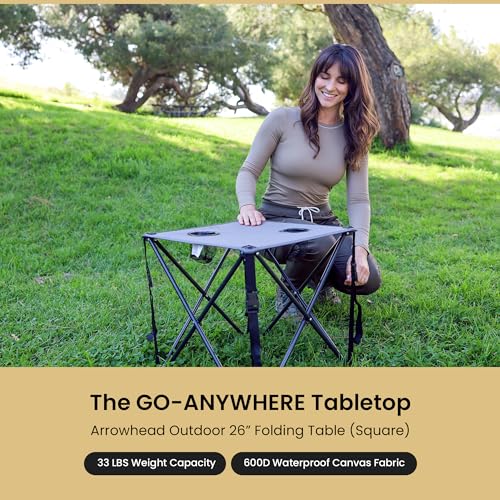 Portable Camping Folding Table - 26 Inch Square with 2 Cup Holders, Steel Frame, Grey