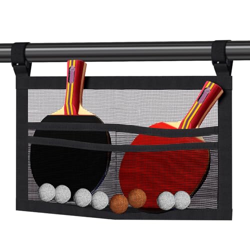 Ping Pong Paddle Holder Mesh Storage Bag Under Table with Adjustable Straps - Black, 30x22x1.5 cm