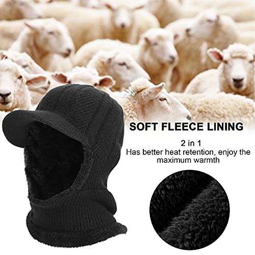 TAGVO Winter Knitted Balaclava Beanie Hat - Warm Cycling Ski Mask, Women Windproof Hood, Heavyweight Thermal Fleece - Medium / Black