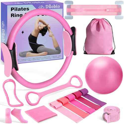 Pilates Essentials Kit for Women, Home Workout Equipment with 12'' Magic Circle, Mini Ball, 5 Resistance Bands, Hip Thrust Belt & Accessories, Pilates Ring Set for Toning, Strength & Flexibility