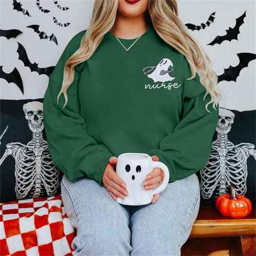 Halloween Nurse Ghost Sweatshirt Women Embroidered Nurse Sweatshirts Spooky Nurse Pullover Boo Crewneck Tee Top