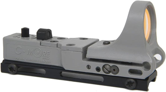 C-MORE Systems Railway Red Dot Sight, Standard Intensity Switch, 2 MOA, 1x Magnification, Made of Polymer, Ultra Bright, All Weather, Waterproof, Lightweight, Gray
