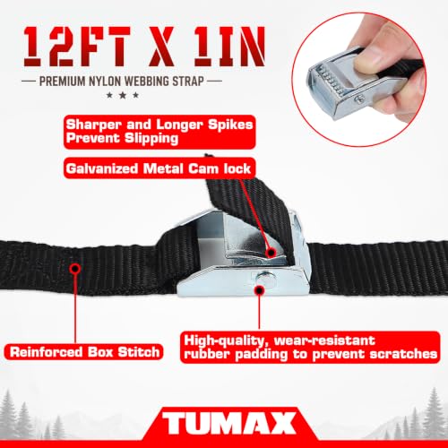 TUMAX Black 6-Pack 1" x 12FT Cam Buckle Tie Down Straps - Heavy Duty Cargo Securing