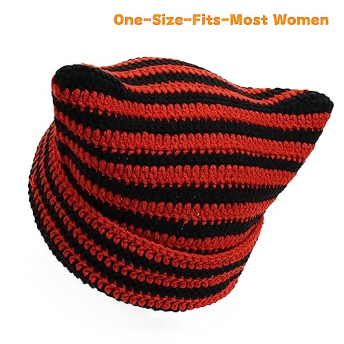 Women Beanie Warm Winter Hats - One Size Black Red Knit Slouchy Beanie for Women - Cat & Fox Style