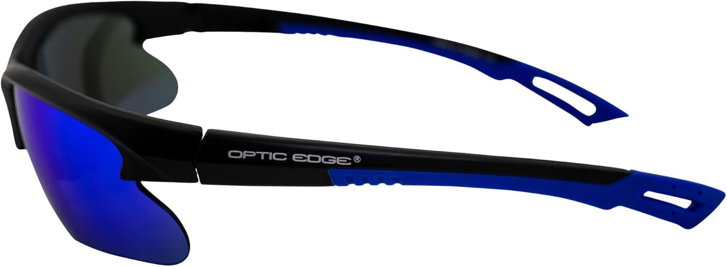 Fireball Wraparound Sports & Motorcycle Sunglasses for Men or Women Semi-Rimless Matte Black Frame w/Dielectric Blue Mirror Lens