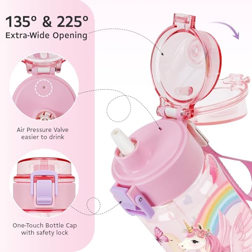 Pink Unicorn Kids Water Bottle 18.6oz BPA-Free Tritan with Handle & Straw