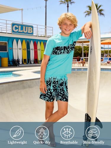 Boys Rash Guard Swimsuit 2-Piece Set with Shirt - Turquoise 11-12Y