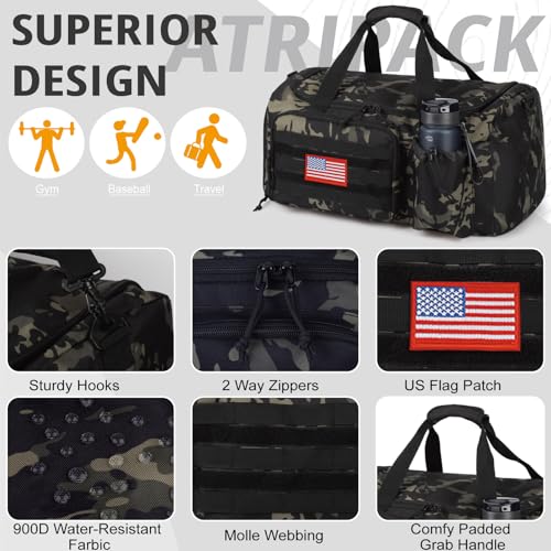 Camo Black Tactical Gym Bag 40L with Shoes Compartment - Men’s Travel Duffle