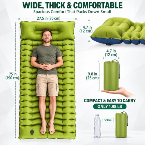 Overmont Ultralight Camping Sleeping Pad with Pillow & Foot Pump - Bluegreen