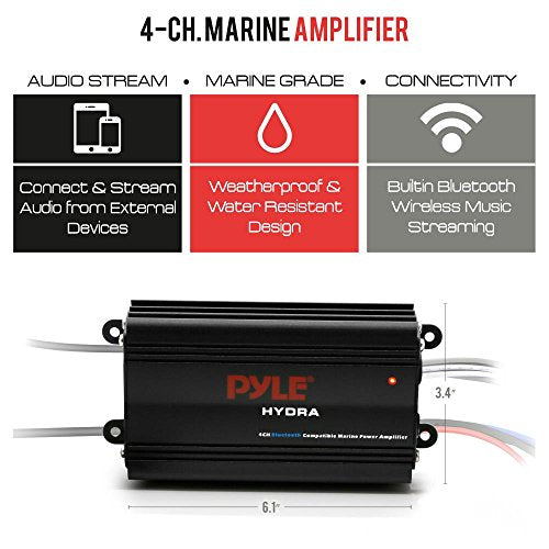 Pyle 200W RMS 4-Channel Marine Amplifier - Bluetooth Wireless Audio Streaming - Waterproof - Full Range Stereo w/ RCA - High Crossover HD Music - Multi-Channel System - Compact & Powerful - PLMRMB4CB