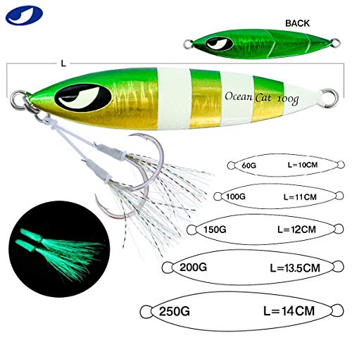 Fishing Jig Set - Green & Gold Lead Metal Flat Slow Fall Pitch Lures 100g